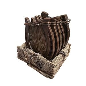 Unbranded Horseshoe Coaster Set with Holder Rustic Western Brown Resin 4 Piece